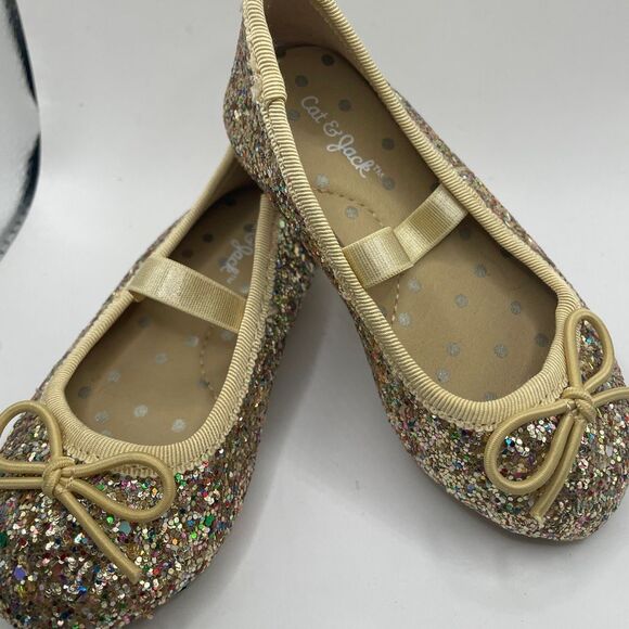 Cat & Jack Girls Size 5 Glitter Ballet Flats Gold Bow Sparkly Slip-On Dress Shoe - Picture 2 of 10